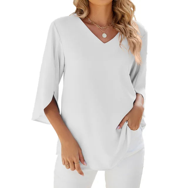 Ladies 3/4 sleeves V neckline summer blouse | Comfortable 4