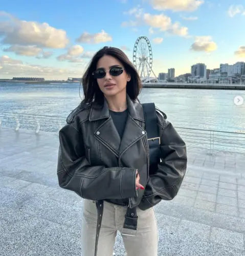 Oversized Cropped Biker Jacket with Belted Detail for Women