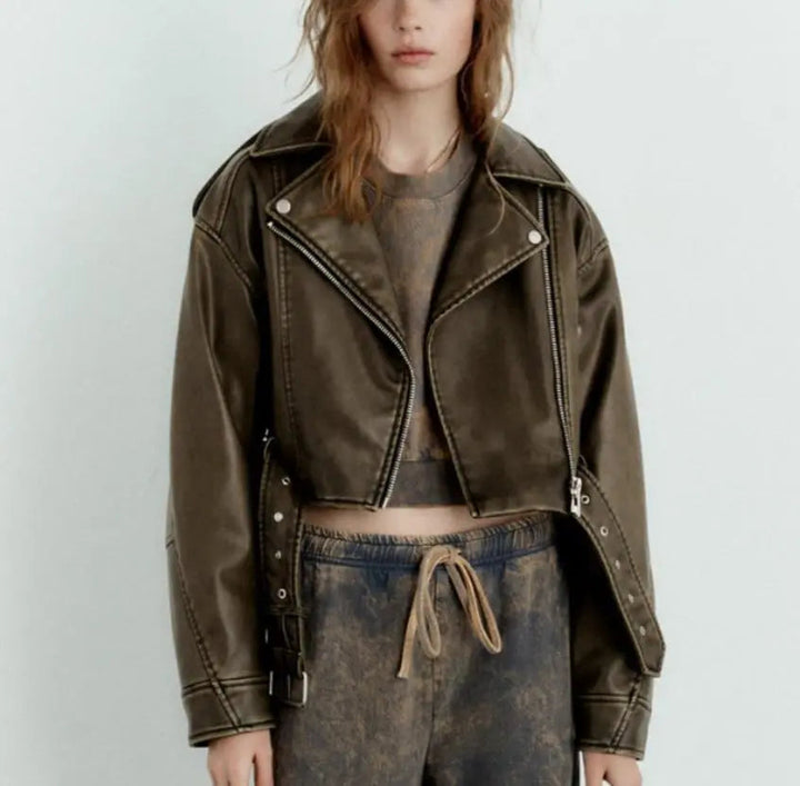 Oversized Cropped Biker Jacket with Belted Detail for Women