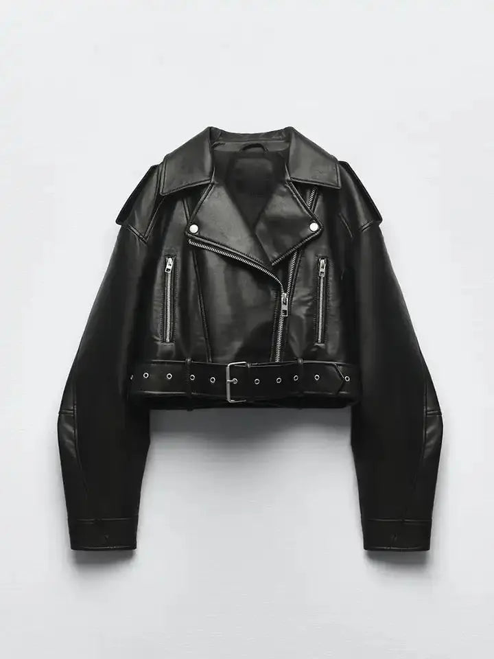 Oversized Cropped Biker Jacket with Belted Detail for Women