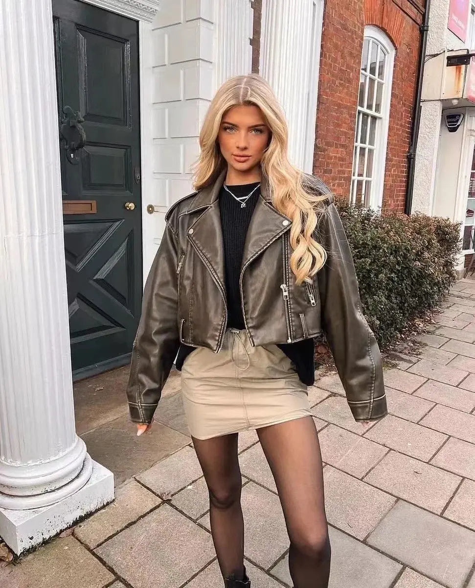 Oversized Cropped Biker Jacket with Belted Detail for Women