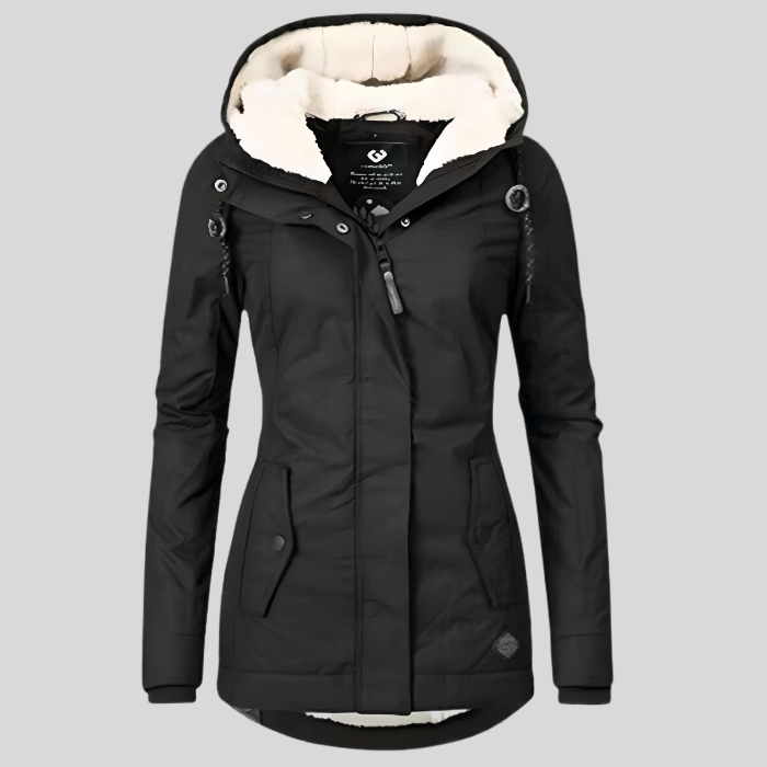 Long waterproof winter jacket with hood & feed 1