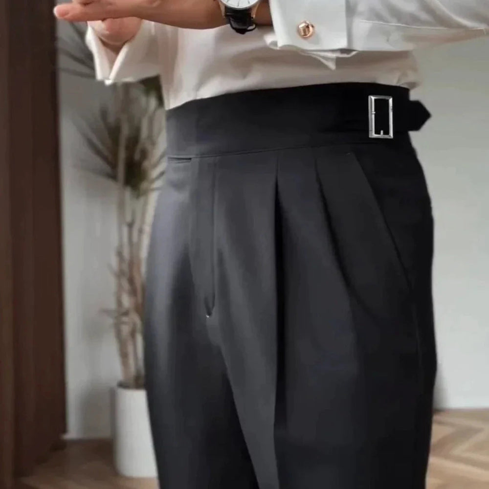 Men’s High-Waisted Trousers – Tailored Fit – Pleated Front – Adjustable Side Buckle 0