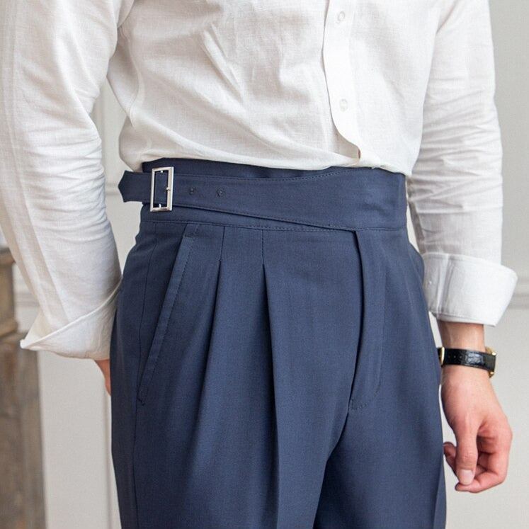 Men’s High-Waisted Trousers – Tailored Fit – Pleated Front – Adjustable Side Buckle 1