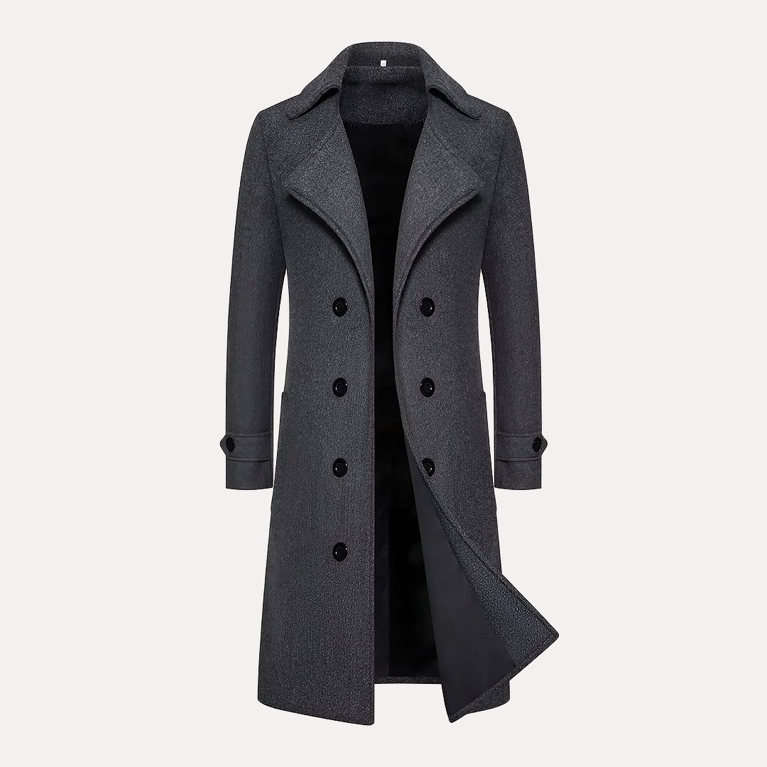Double Breasted Long Overcoat with Peak Lapels for Men