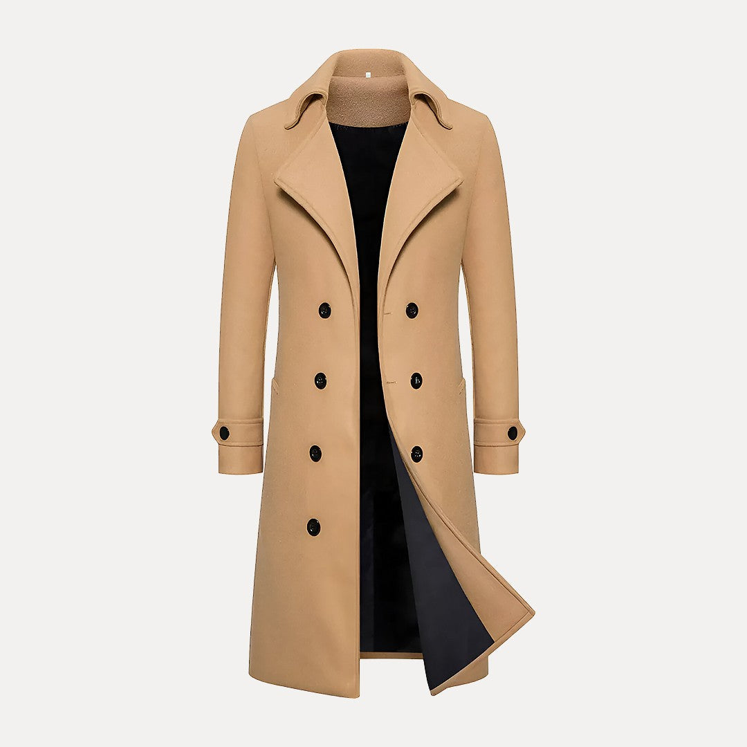 Double Breasted Long Overcoat with Peak Lapels for Men