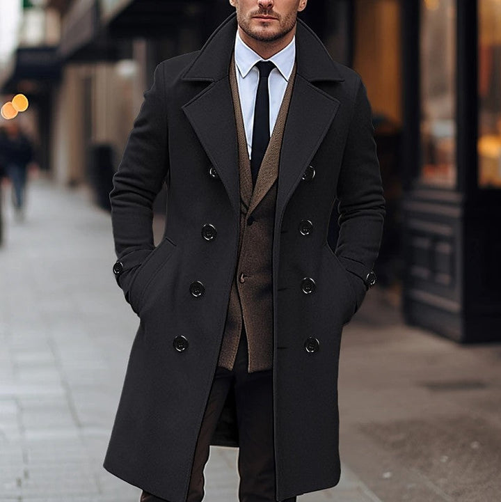 Double Breasted Long Overcoat with Structured Silhouette for Men