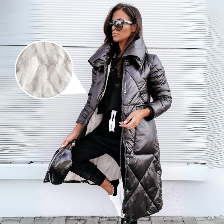Long Quilted Coat with High Collar and Zip Front for Women