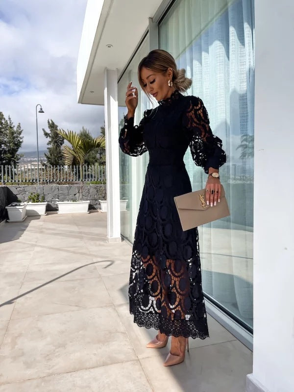 Imogen | Women's Lace Midi Dress High Neck Puff Sleeve