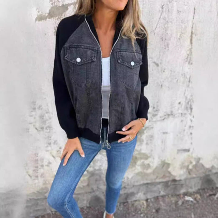Casual Jacket with Contrast Sleeves and Pocket Detail for Women