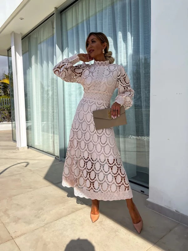 Imogen | Women's Lace Midi Dress High Neck Puff Sleeve