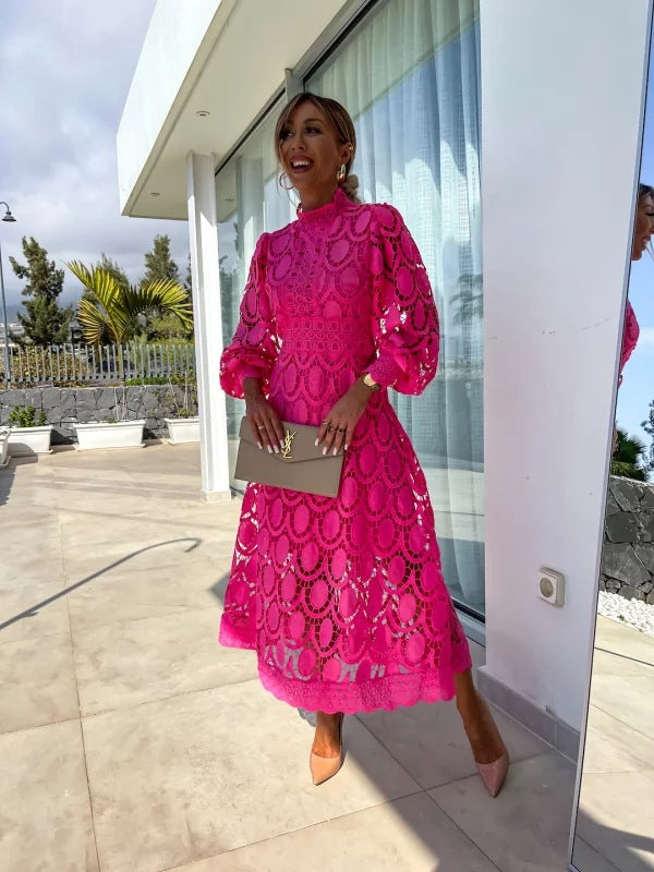 Imogen | Women's Lace Midi Dress High Neck Puff Sleeve
