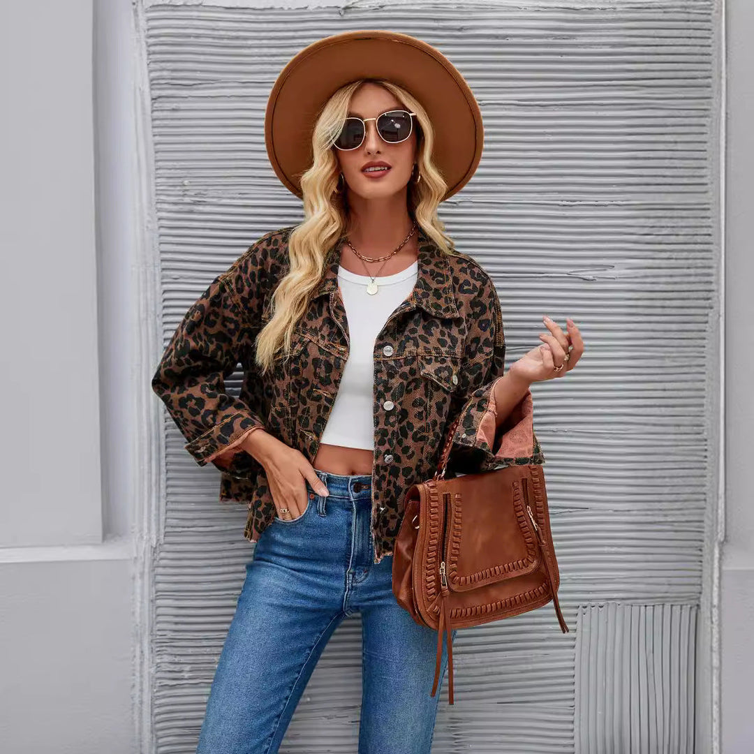 Leopard Print Jacket with Relaxed Cut and Pocket Detail for Women