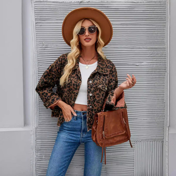 Leopard Print Jacket with Relaxed Cut and Pocket Detail for Women