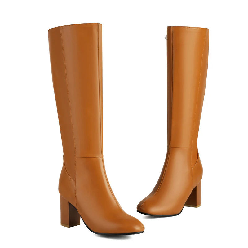 Knee High Boots with Zip Closure and Block Heel for Women