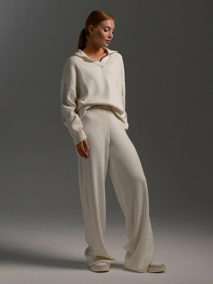 Two Piece Lounge Set with Collared Top and Wide Leg Pants for Women