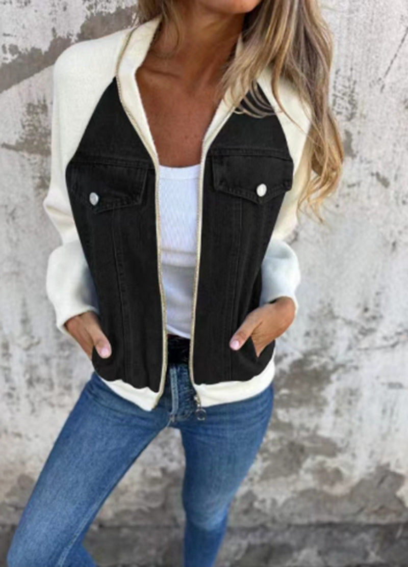 Casual Jacket with Contrast Sleeves and Pocket Detail for Women