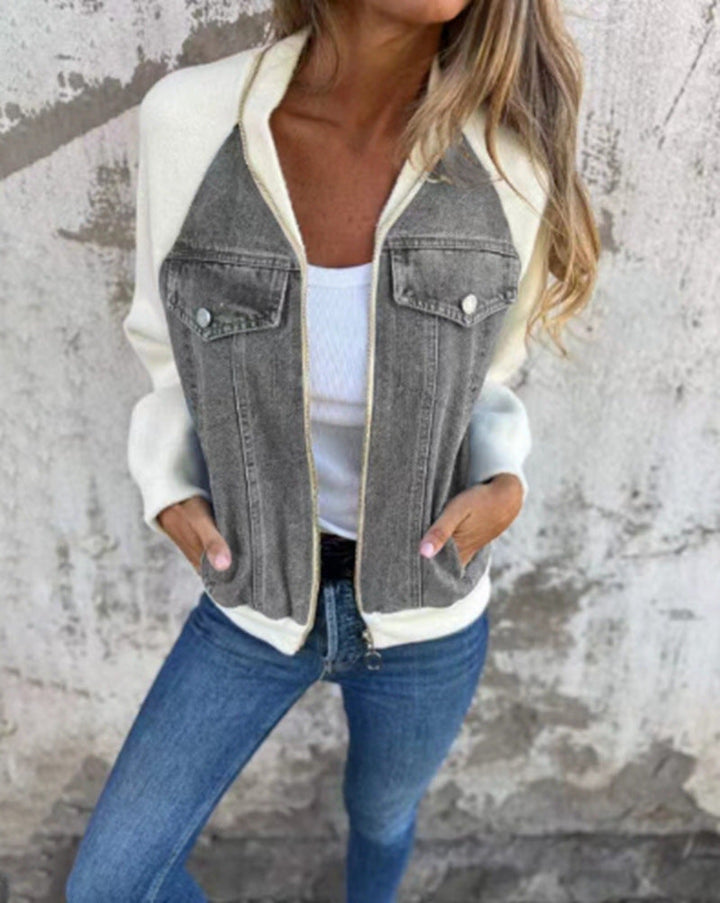 Casual Jacket with Contrast Sleeves and Pocket Detail for Women