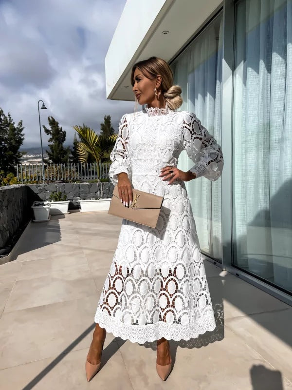 Imogen | Women's Lace Midi Dress High Neck Puff Sleeve