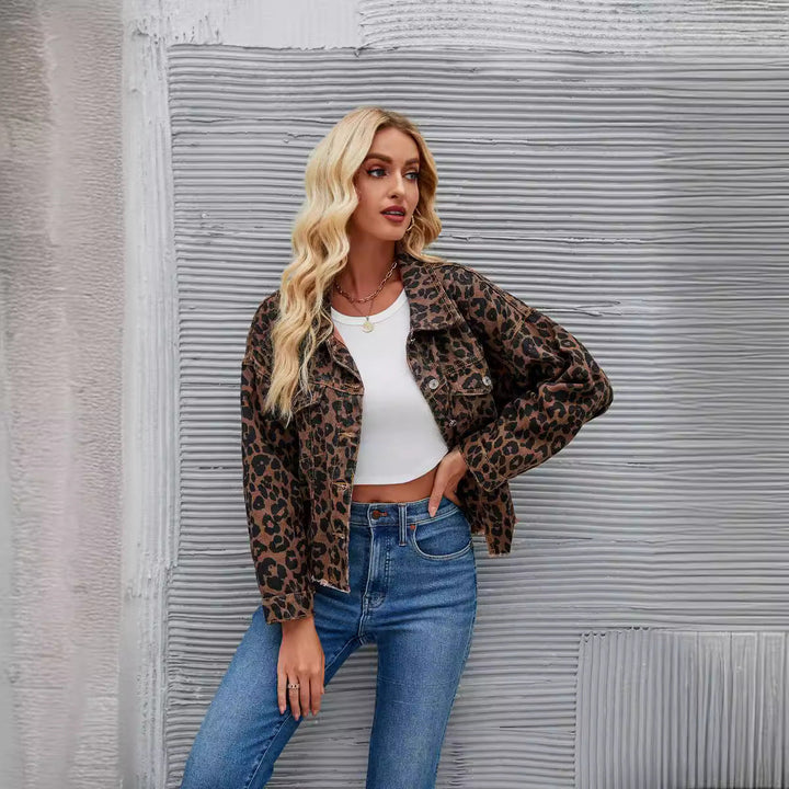 Leopard Print Jacket with Relaxed Cut and Pocket Detail for Women