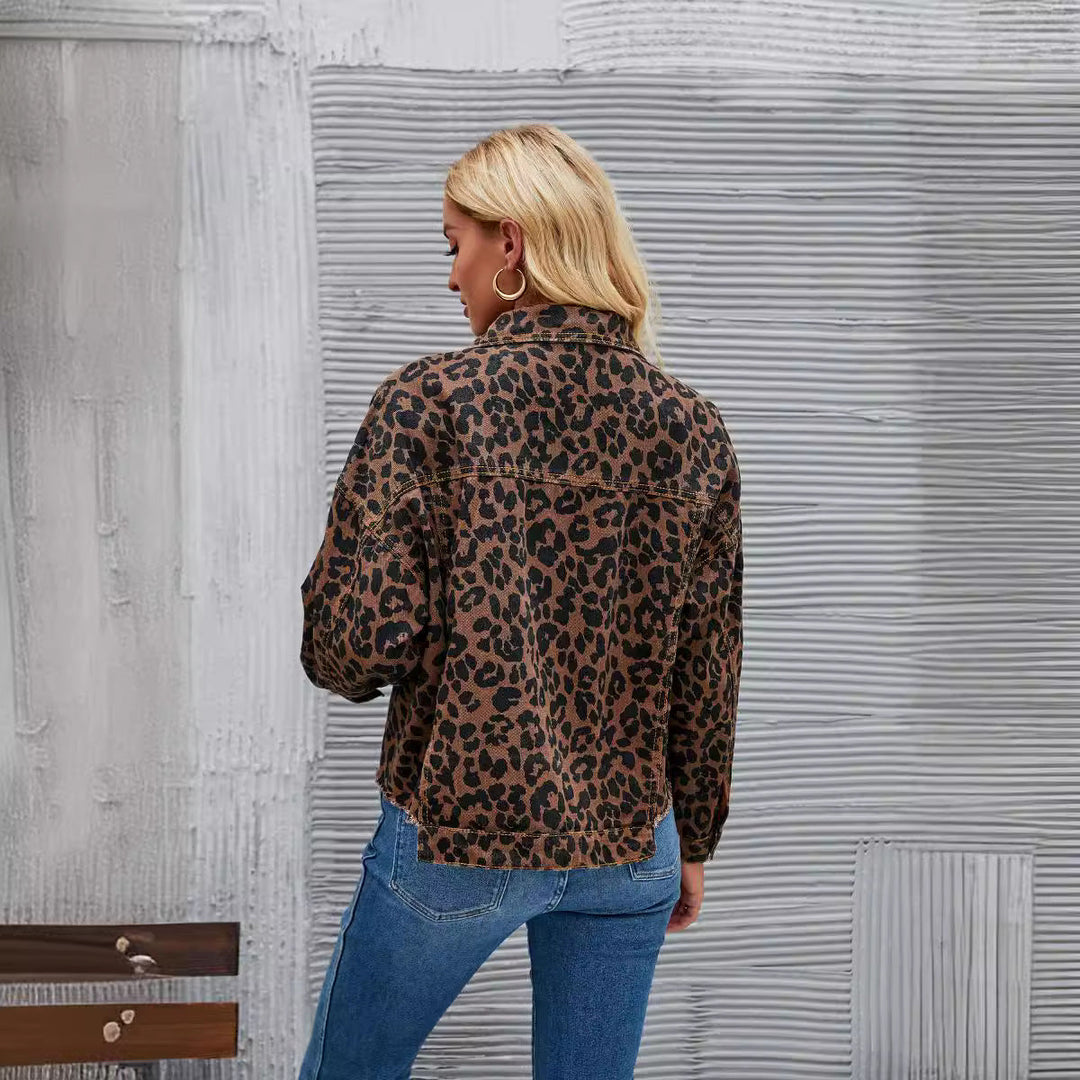 Leopard Print Jacket with Relaxed Cut and Pocket Detail for Women