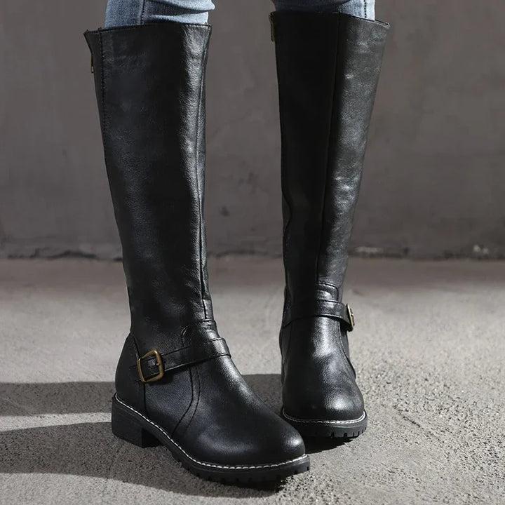 Knee High Boots with Buckle Details and Classic Shape for Women