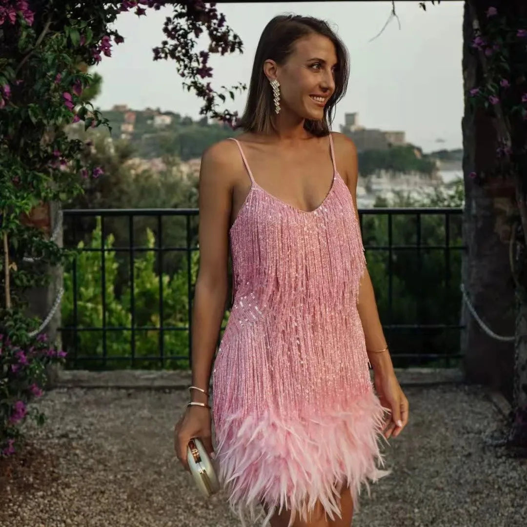 Zoe | Cocktail Mini Dress Fringe Feather Detail