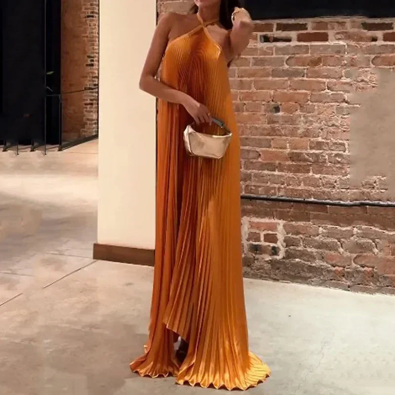 Women's Pleated Halter Wedding Maxi Dress