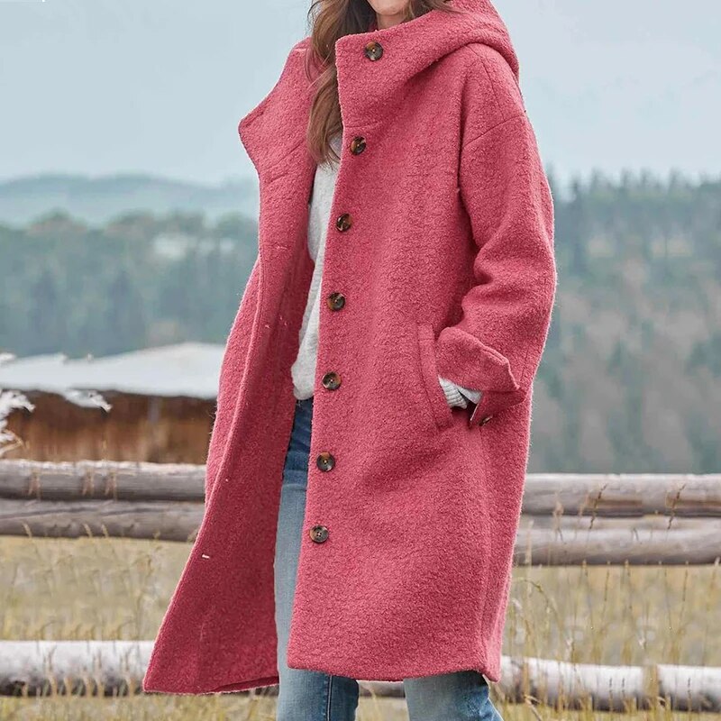 Long Winter Coat with Button Front and Hood for Women