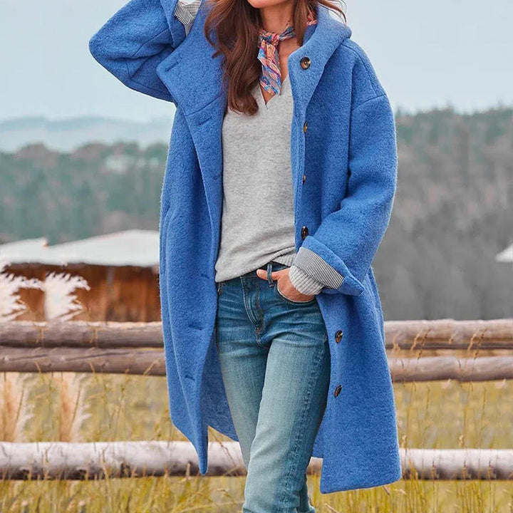 Long Winter Coat with Button Front and Hood for Women