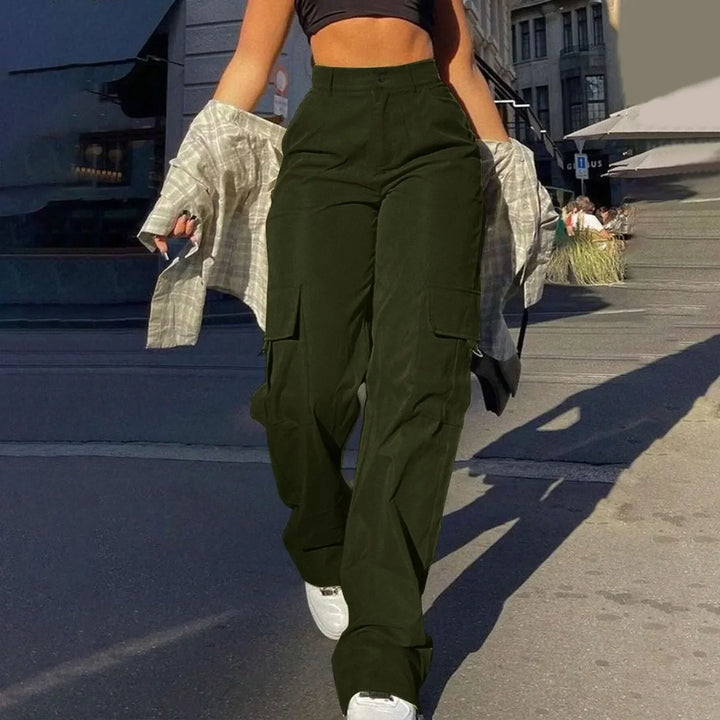 Relaxed Fit High Waist Cargo Trousers with Utility Pockets for Women