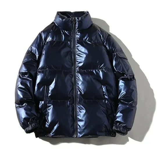 Metallic Style Winter Puffer Jacket with Hooded Design for Men