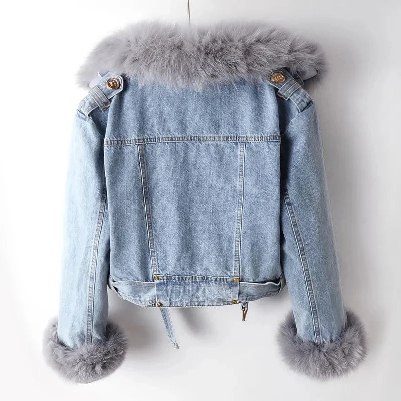 Denim Jacket with Decorative Collar Trim and Belted Waist for Women