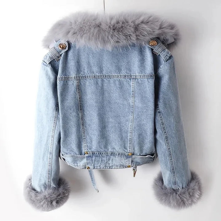 Denim Jacket with Decorative Collar Trim and Belted Waist for Women