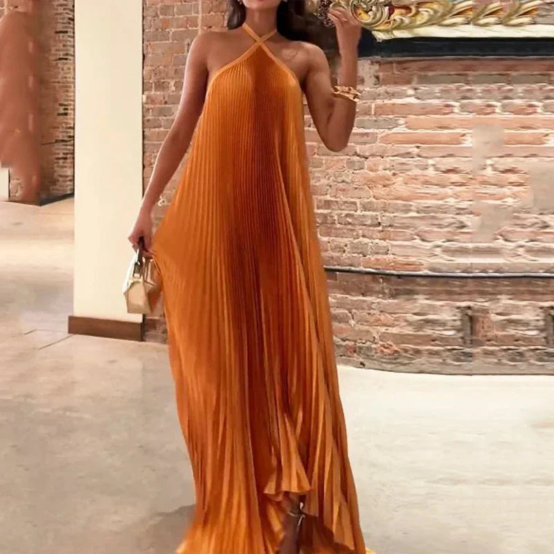 Women's Pleated Halter Wedding Maxi Dress
