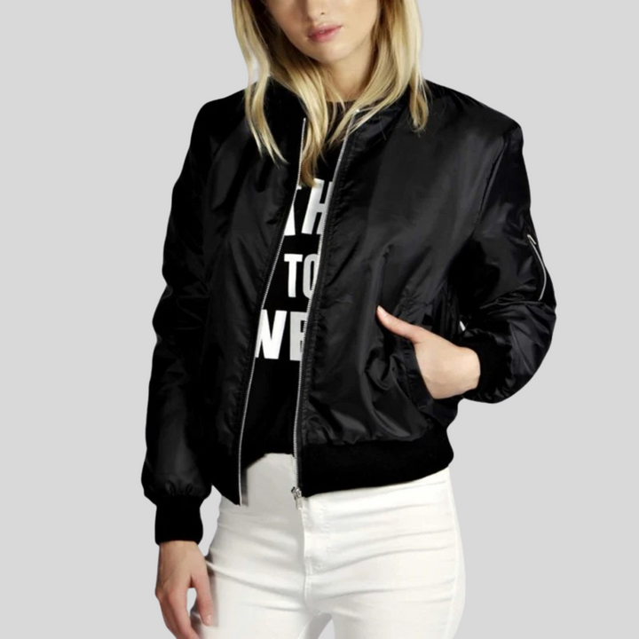 Zip-Up Bomber Jacket with Ribbed Trim and Pockets for Women