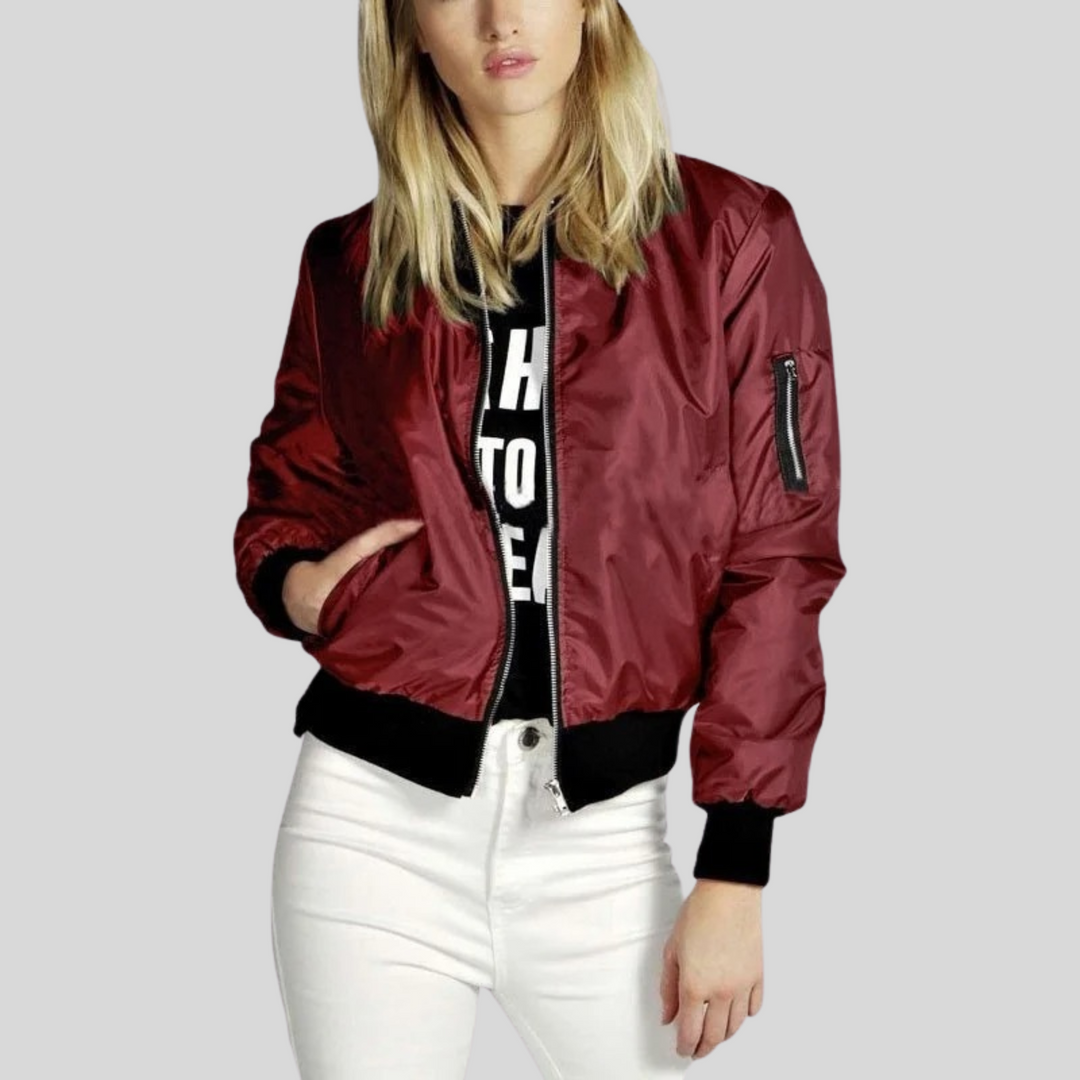 Zip-Up Bomber Jacket with Ribbed Trim and Pockets for Women