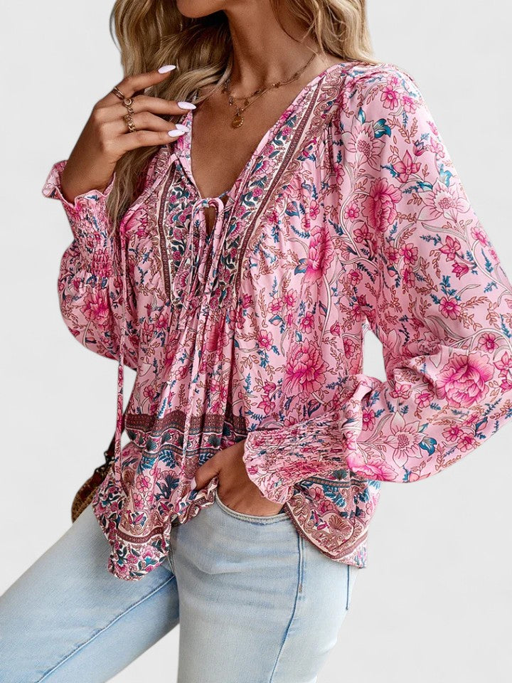 Women's Floral Boho Puff Sleeve Blouse