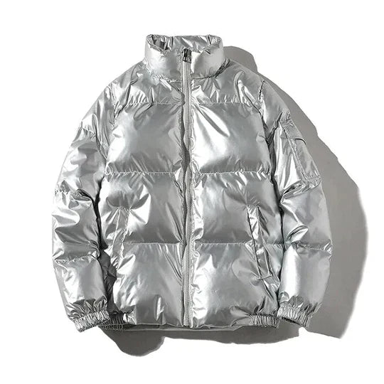 Metallic Style Winter Puffer Jacket with Hooded Design for Men
