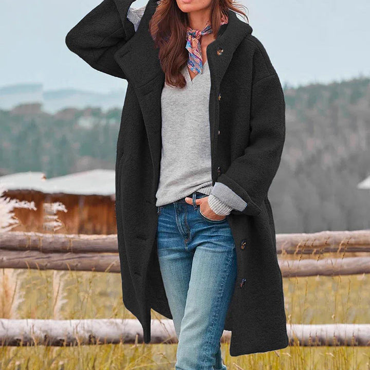 Long Winter Coat with Button Front and Hood for Women