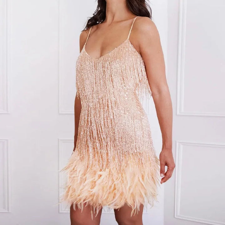 Zoe | Cocktail Mini Dress Fringe Feather Detail