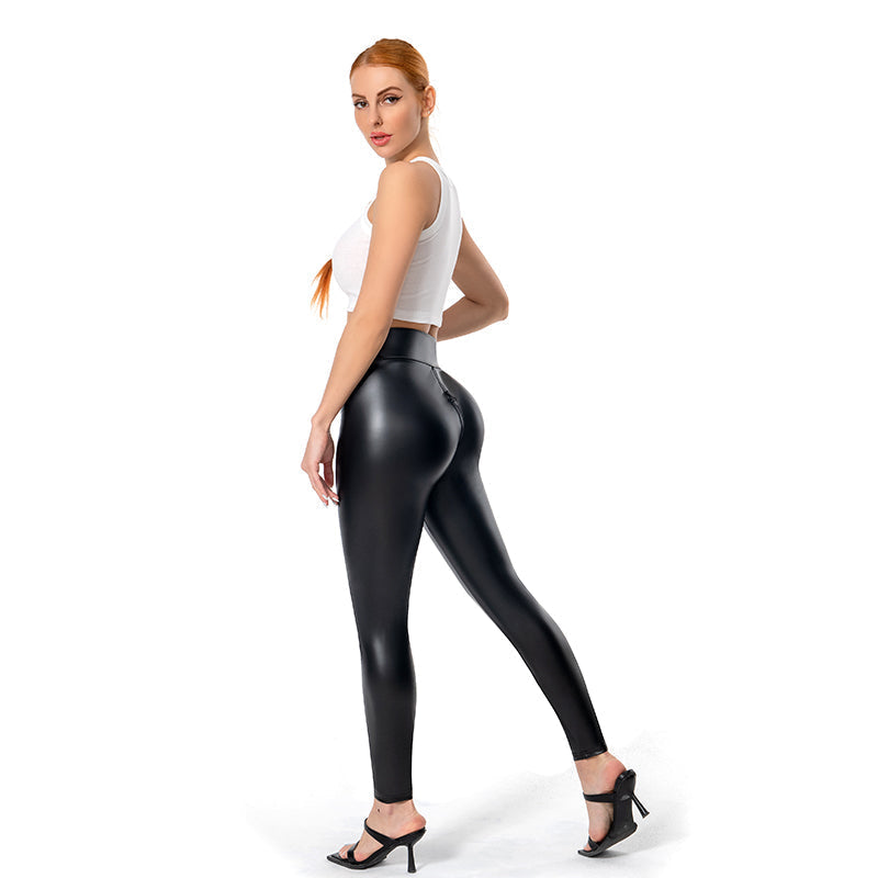 High Waist Gloss Finish Leggings with Zip Detail for Women
