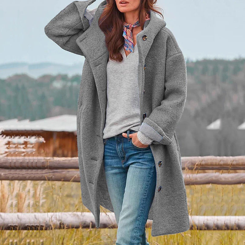 Long Winter Coat with Button Front and Hood for Women