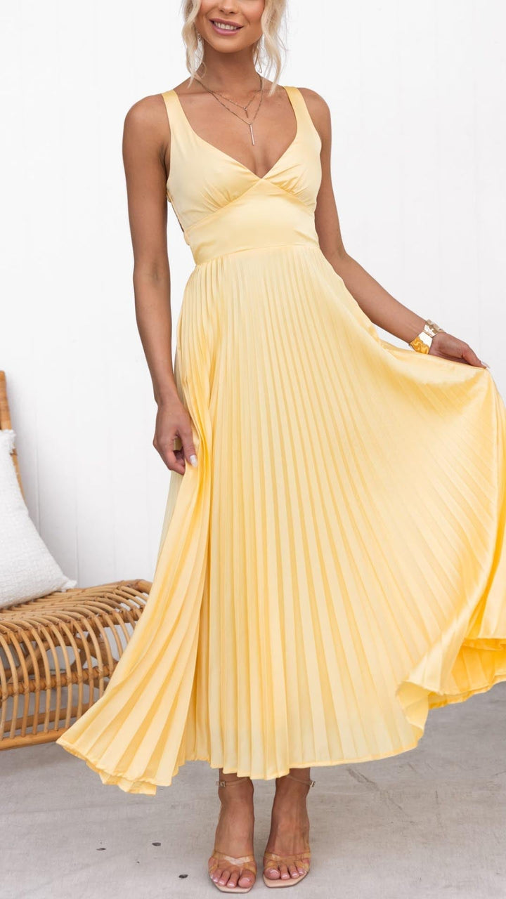 Women's V-Neck Pleated Occasion Maxi Dress