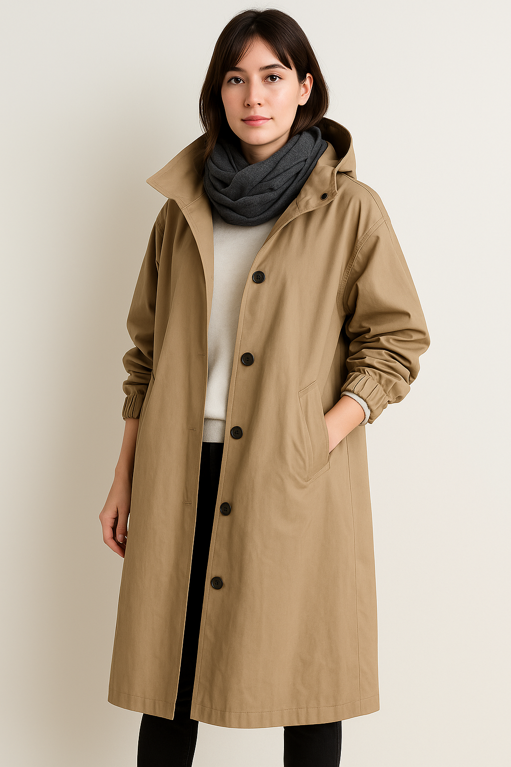 Trenchcoat women long with hood button closure in colors 0