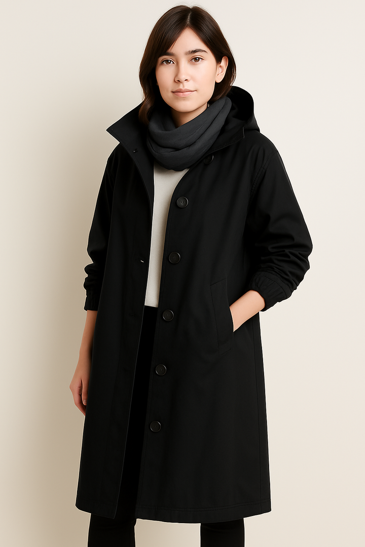 Trenchcoat women long with hood button closure in colors 2