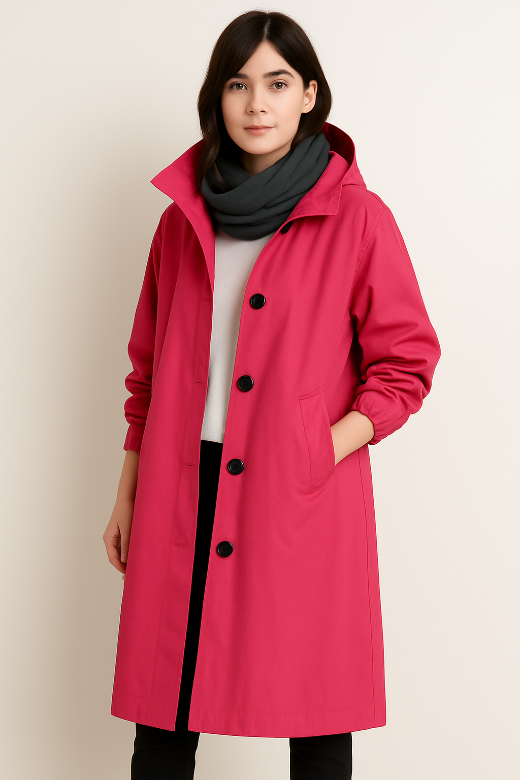 Trenchcoat women long with hood button closure in colors 9