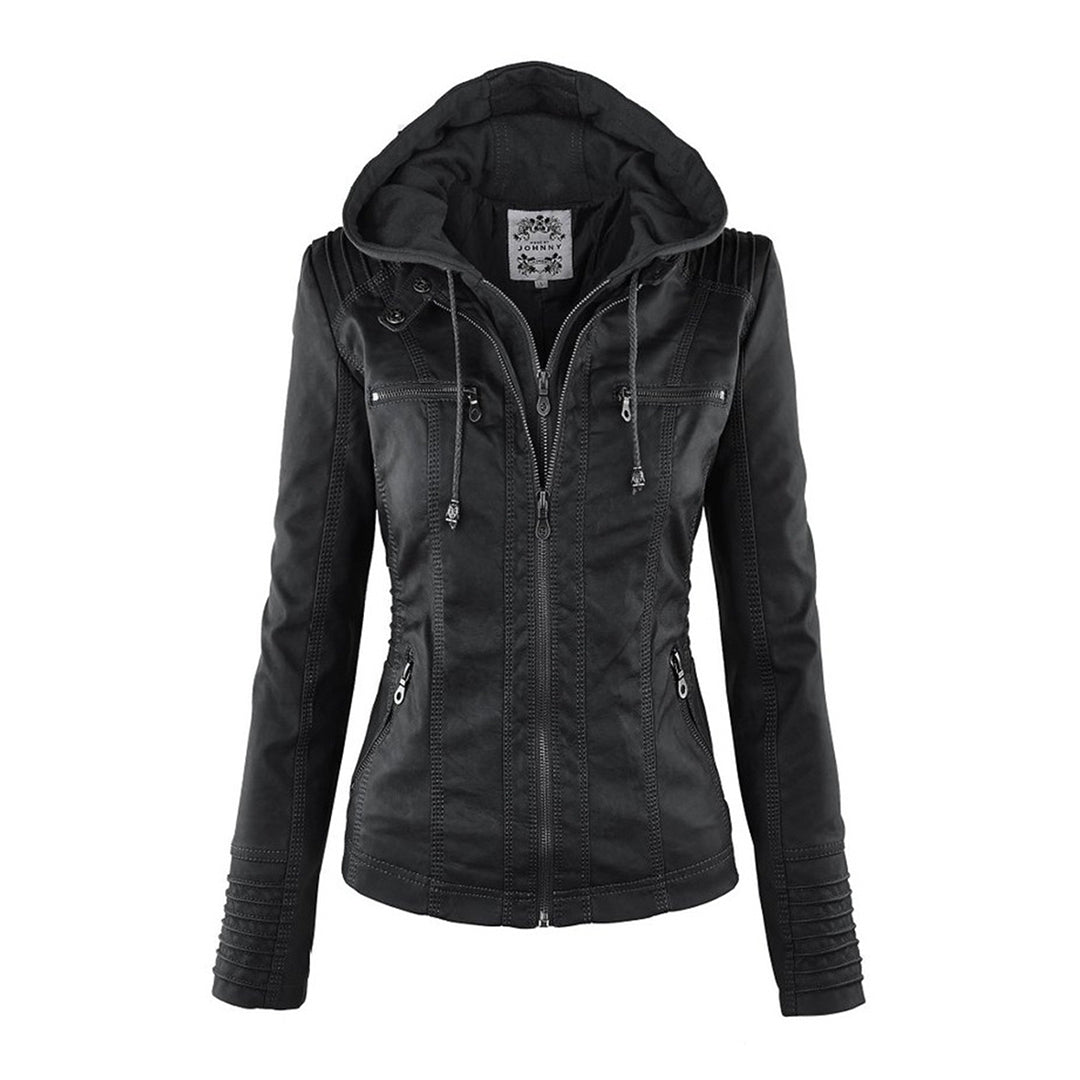 Weatherproof women's leather jacket with hood 10