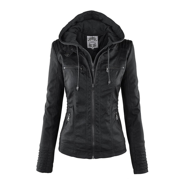 Weatherproof women's leather jacket with hood 10