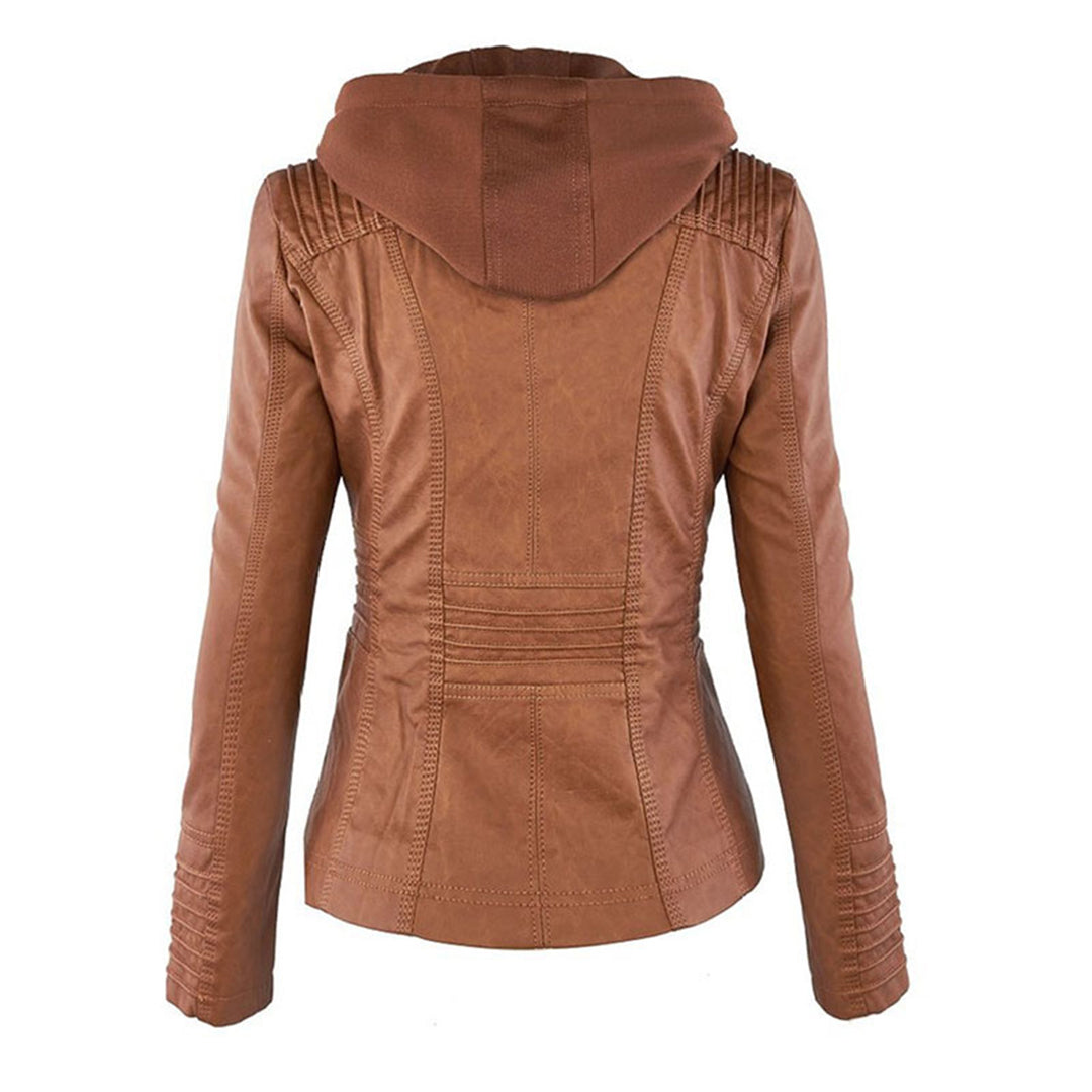 Weatherproof women's leather jacket with hood 3